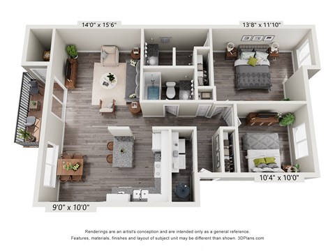 Floor plan for 2 beds, 2 baths, 1026 sqft